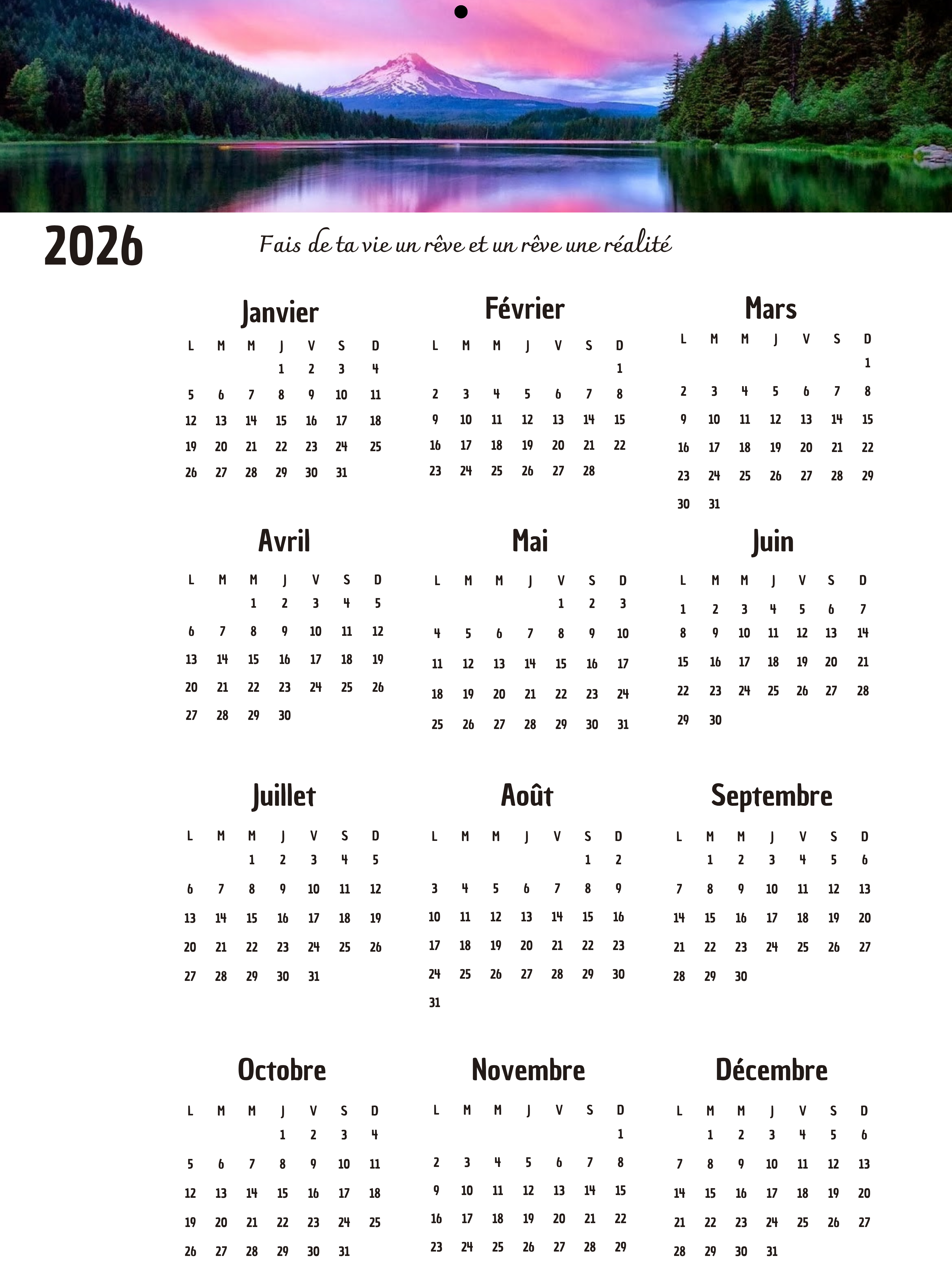 Calendrier  2026 personnalisé