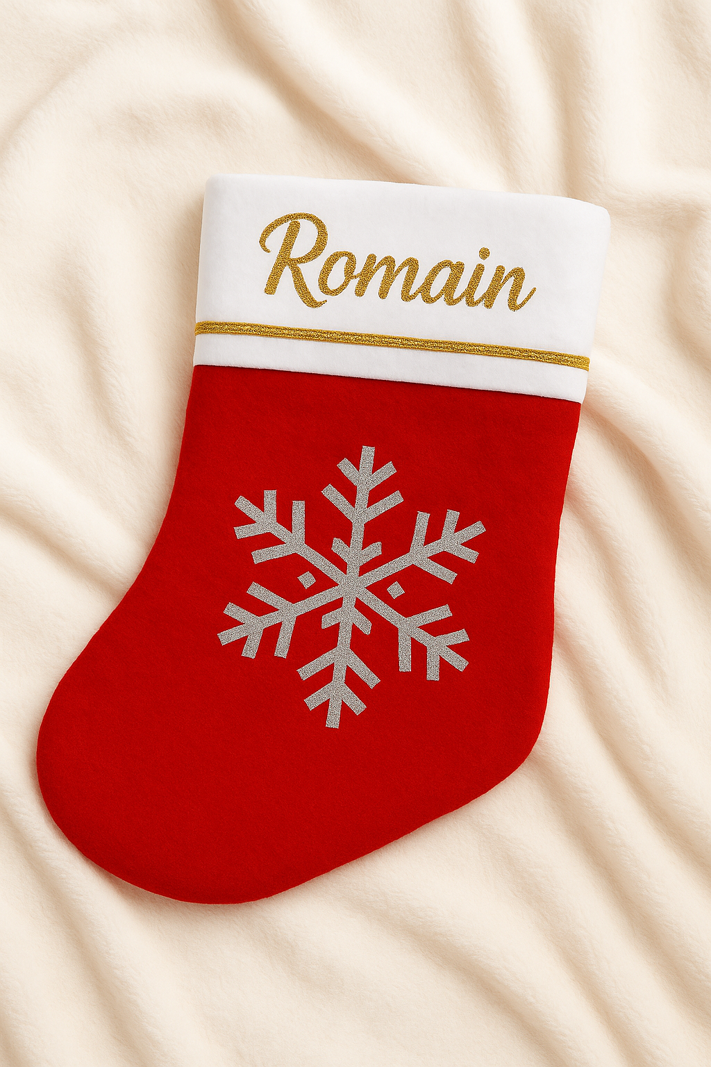 Chaussette de Noël personnalisable Rouge, blanche et dorée avec flocon scintillant