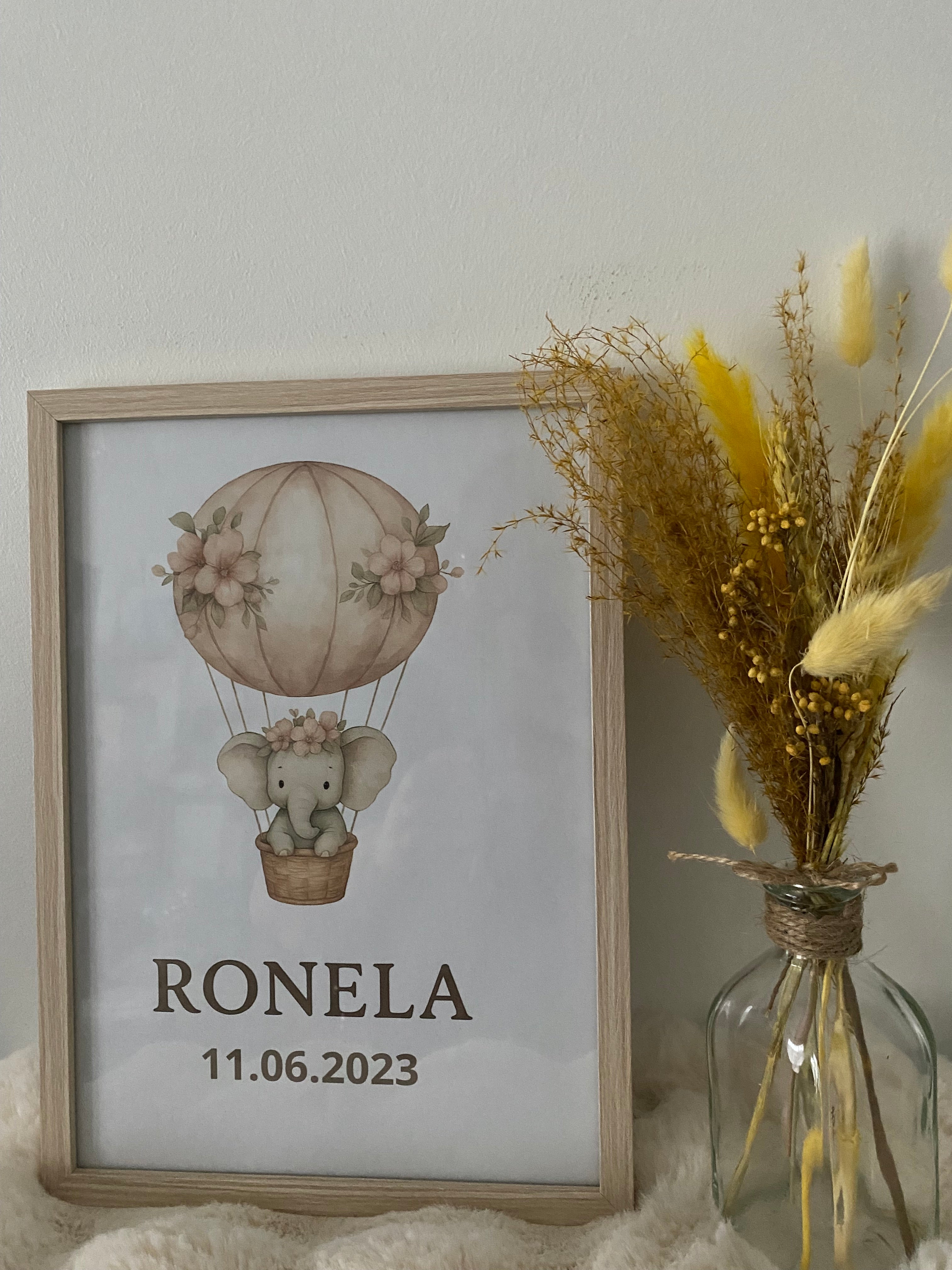 Affiche de naissance personnalisée – Montgolfière & éléphant