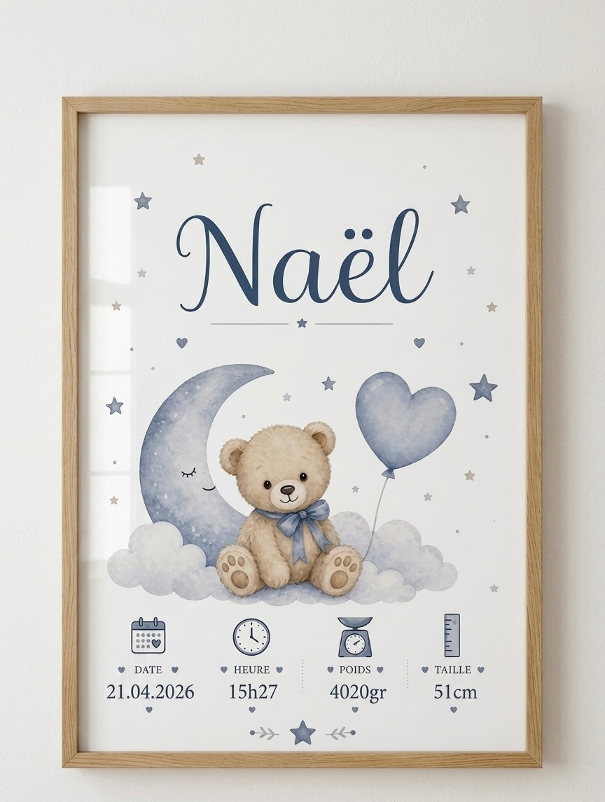 Affiche de Naissance Personnalisée – Modèle "Petit Ours
