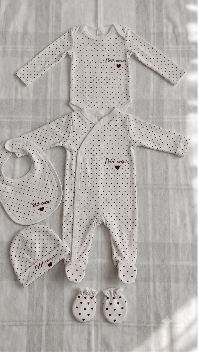 Ensemble naissance 5 pièces en coton – Motifs petits cœurs